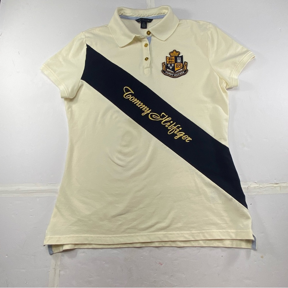 Tommy Hilfiger Cream Polo with Black Diagonal Stripe and Gold Script